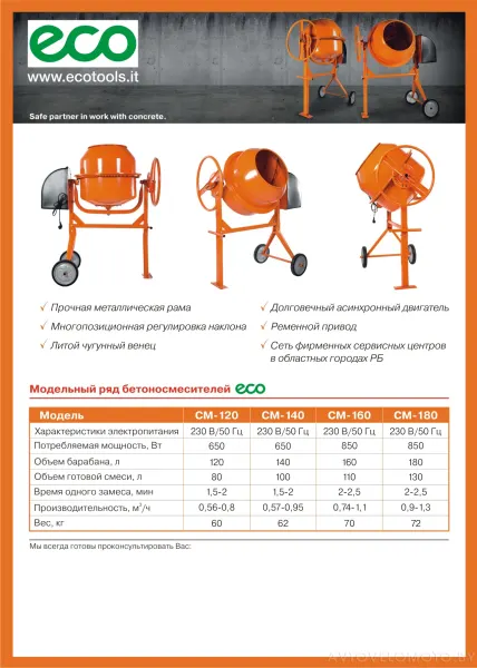 Бетоносмеситель ECO CM-183V (180 л, 850 Вт, 230 В, вес 65 кг) — фото 3